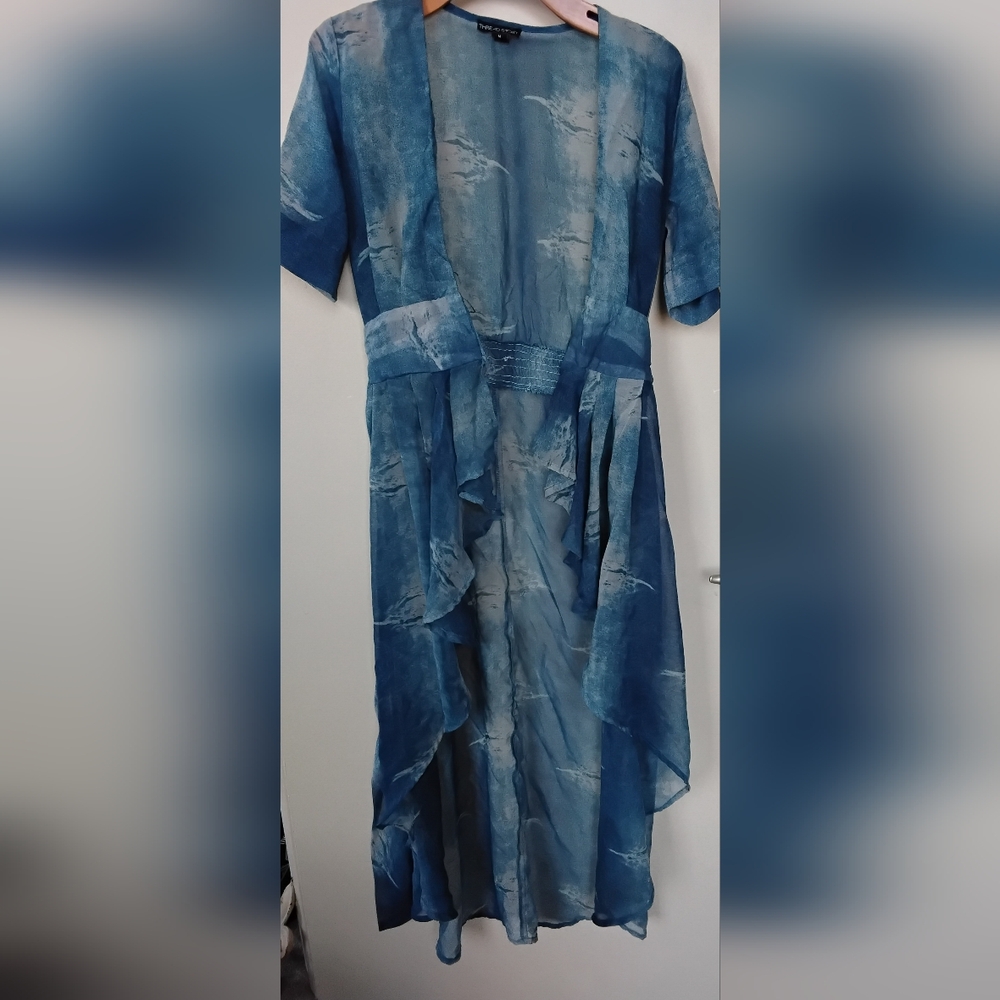 Sheer Blue Layered Maxi Dress with Open Front